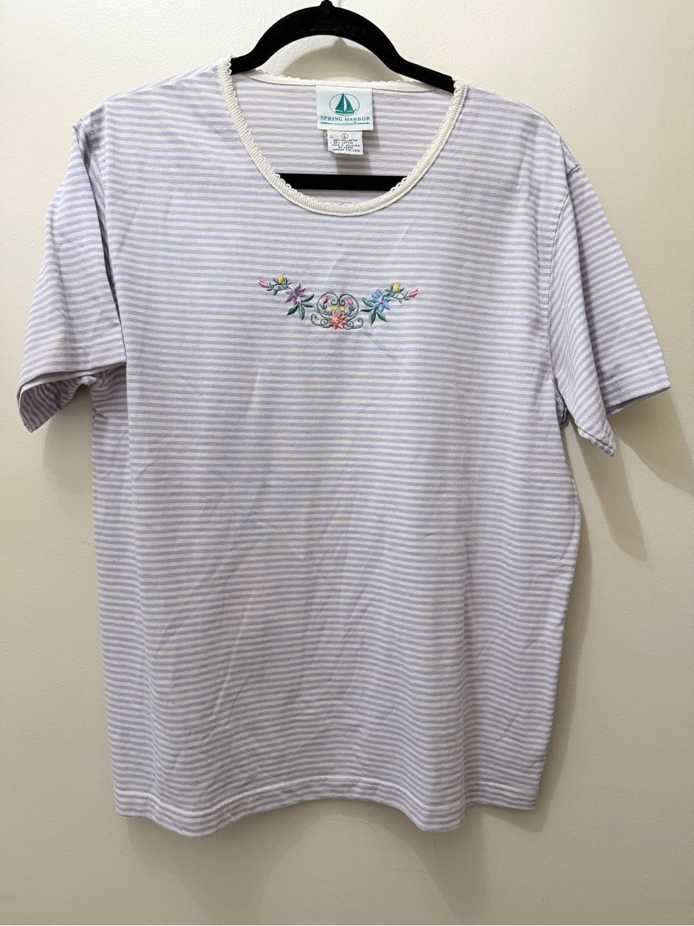 Vintage Pastel Purple Striped Embroidered Floral Shirt Cottage Granny Core L